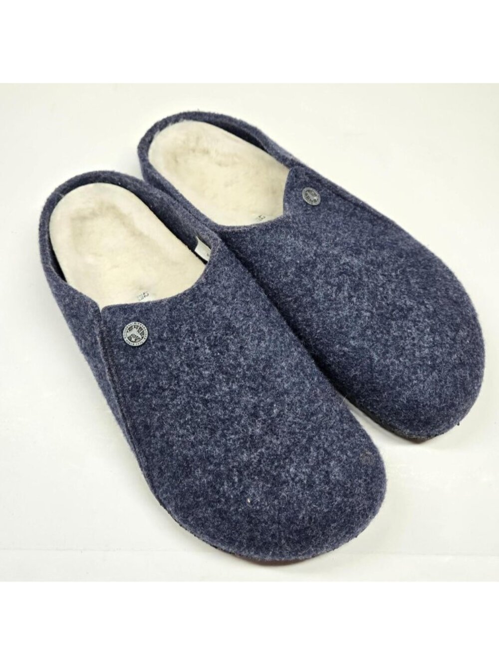 Birkenstock Zermatt fur lined clogs. navy wool upper.